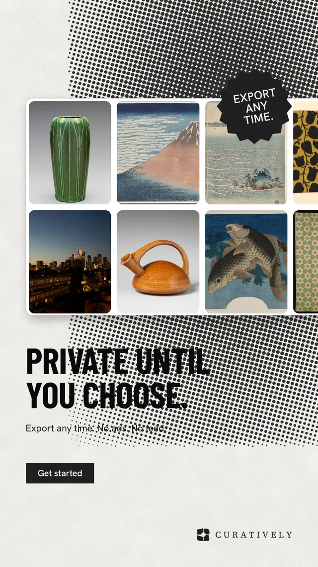 Instagram story for Curatively: "Private until you choose." Retro print style, sticker layout, light palette in grey, white.