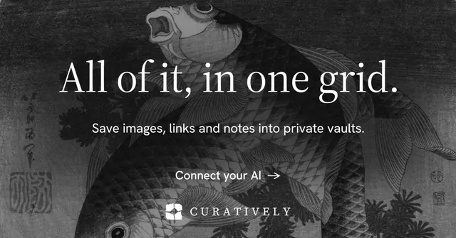 Social ad for Curatively: "All of it, in one grid." Minimal luxury style, centred layout, dark palette in black, grey.