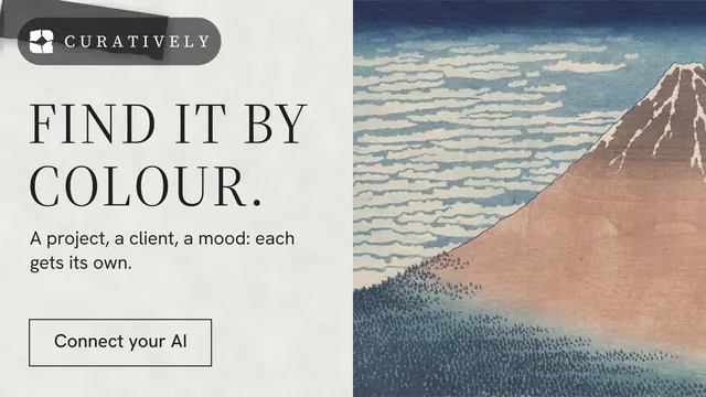 Landscape graphic for Curatively: "Find it by colour." Editorial style, bottom layout, light palette in grey, white.