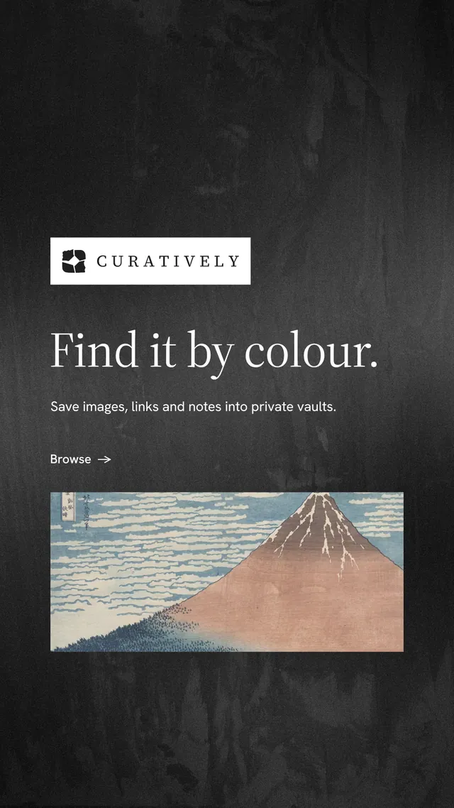 Instagram story for Curatively: "Find it by colour." Minimal luxury style, announce layout, dark palette in black, grey.
