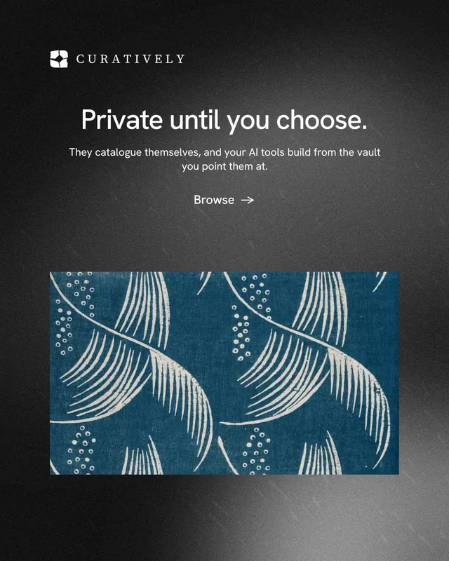 Instagram portrait post for Curatively: "Private until you choose." Minimal luxury style, centred layout, dark palette in blue, black, grey.