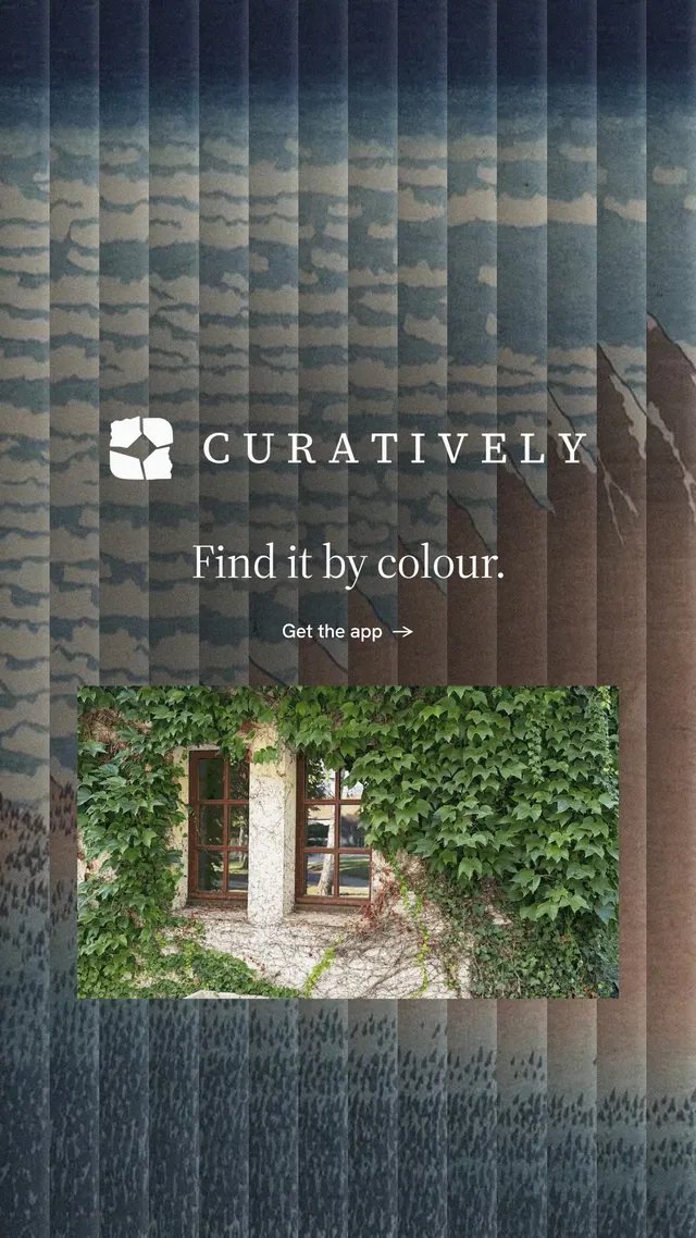 Instagram story for Curatively: "Find it by colour." Minimal luxury style, logo hero layout, dark palette in grey, black.