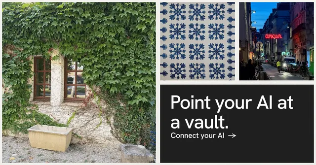Social ad for Curatively: "Point your AI at a vault." Minimal luxury style, collage layout, dark palette in grey, black.