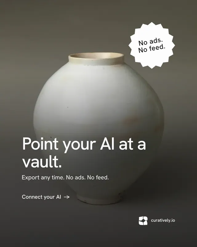 Instagram portrait post for Curatively: "Point your AI at a vault." Minimal luxury style, sticker layout, dark palette in grey, black.