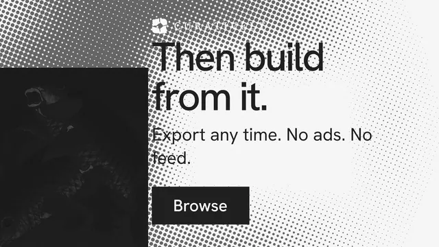 Landscape graphic for Curatively: "Then build from it." Swiss style, skeleton layout, light palette in black, white, grey.