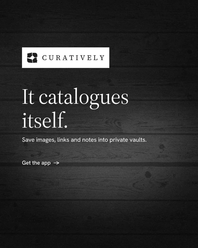 Instagram portrait post for Curatively: "It catalogues itself." Minimal luxury style, announce layout, dark palette in black, grey.