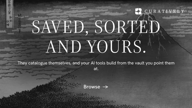 Landscape graphic for Curatively: "Saved, sorted and yours." Minimal luxury style, centred layout, dark palette in grey, black.
