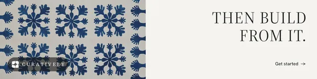 LinkedIn banner for Curatively: "Then build from it." Minimal luxury style, right layout, light palette in white, grey.