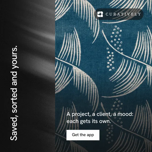 Instagram post for Curatively: "Saved, sorted and yours." Swiss style, vertical layout, dark palette in blue, grey, black.