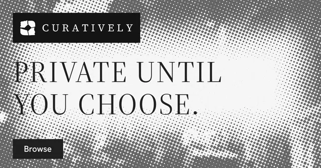 Social ad for Curatively: "Private until you choose." Split block style, announce layout, light palette in grey, white.