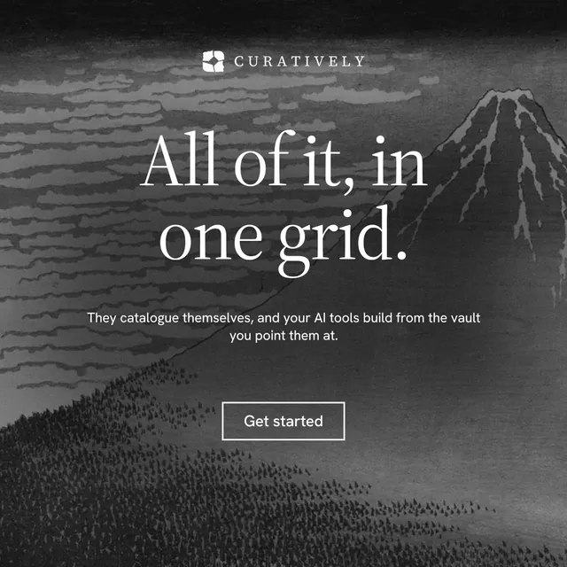 Instagram post for Curatively: "All of it, in one grid." Editorial style, centred layout, dark palette in black, grey.