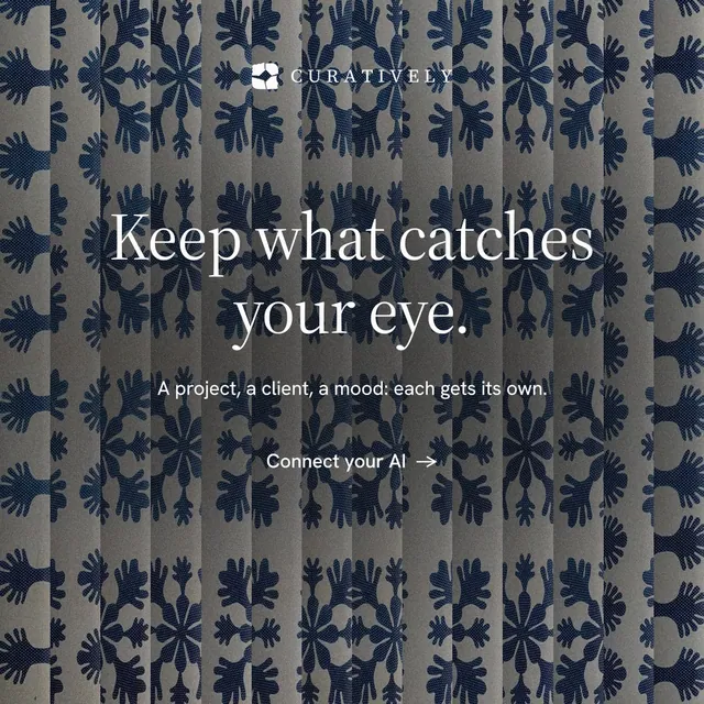 Instagram post for Curatively: "Keep what catches your eye." Minimal luxury style, centred layout, dark palette in grey, blue.