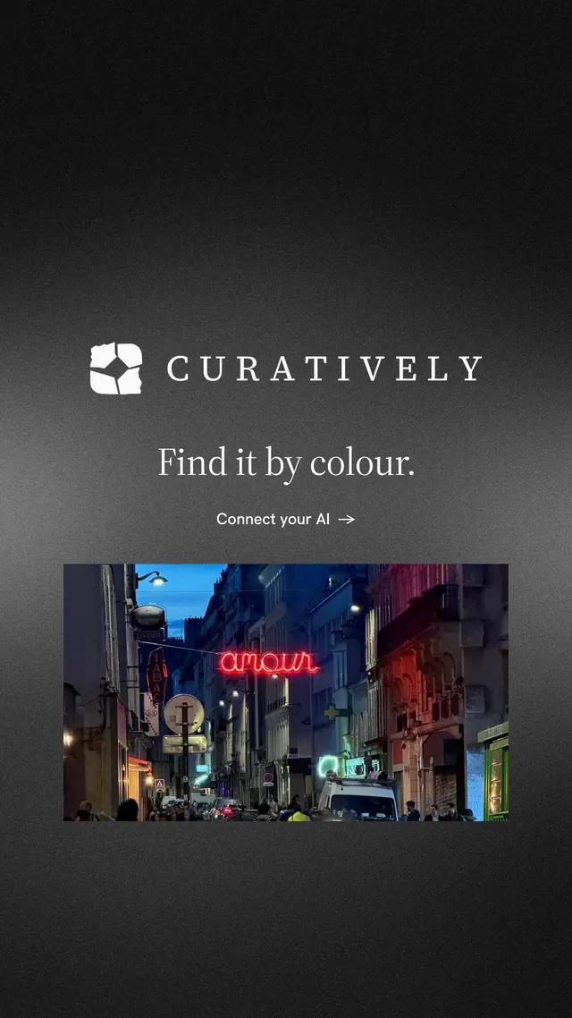 Instagram story for Curatively: "Find it by colour." Minimal luxury style, logo hero layout, dark palette in black, grey.