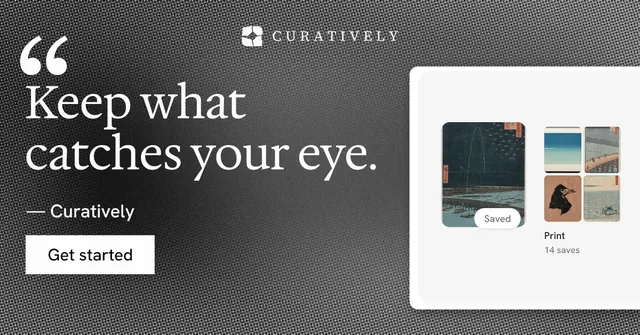 Social ad for Curatively: "Find it by colour." Swiss style, quote layout, light palette in grey, black, white.