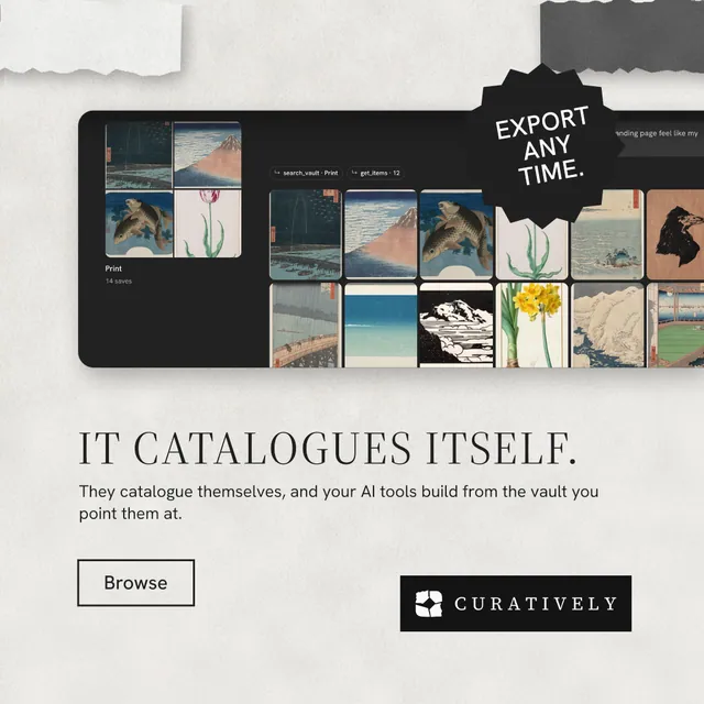 Instagram post for Curatively: "It catalogues itself." Editorial style, sticker layout, light palette in black, white, grey.