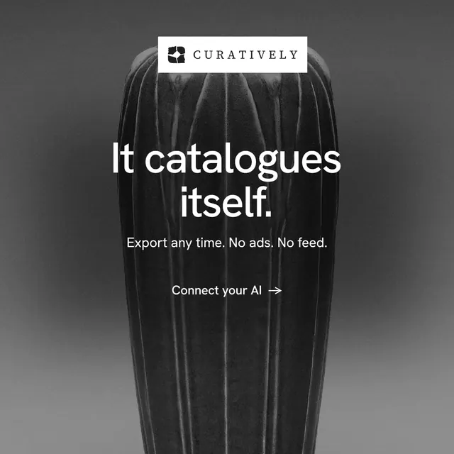 Instagram post for Curatively: "It catalogues itself." Minimal luxury style, centred layout, dark palette in grey, black.