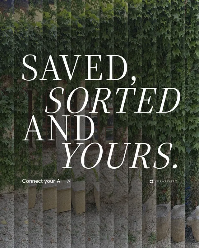 Instagram portrait post for Curatively: "Saved, sorted and yours." Minimal luxury style, stacked layout, dark palette in black, grey.