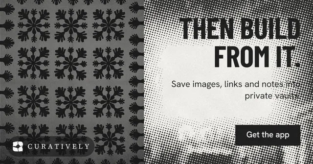Social ad for Curatively: "Then build from it." Retro print style, right layout, light palette in grey, black, white.