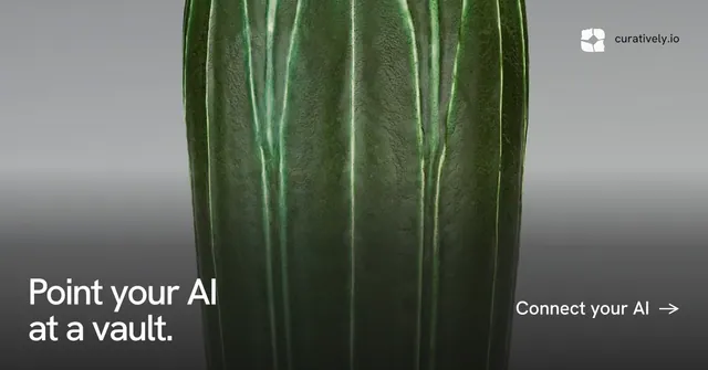 Social ad for Curatively: "Point your AI at a vault." Swiss style, image led layout, dark palette in grey, black.