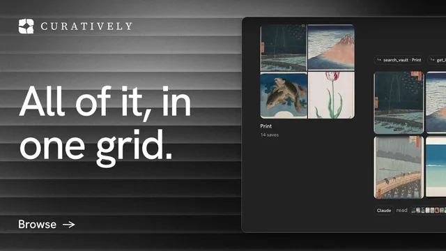 Landscape graphic for Curatively: "All of it, in one grid." Minimal luxury style, bottom layout, dark palette in black, grey.