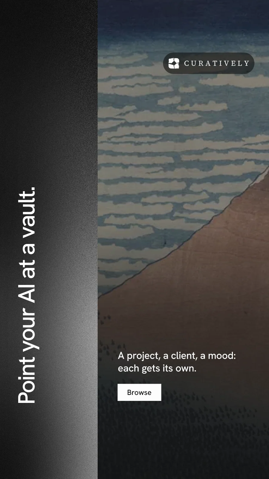 Instagram story for Curatively: "Point your AI at a vault." Swiss style, vertical layout, dark palette in black, grey.