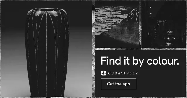 Social ad for Curatively: "Find it by colour." Editorial style, collage layout, dark palette in black, grey.