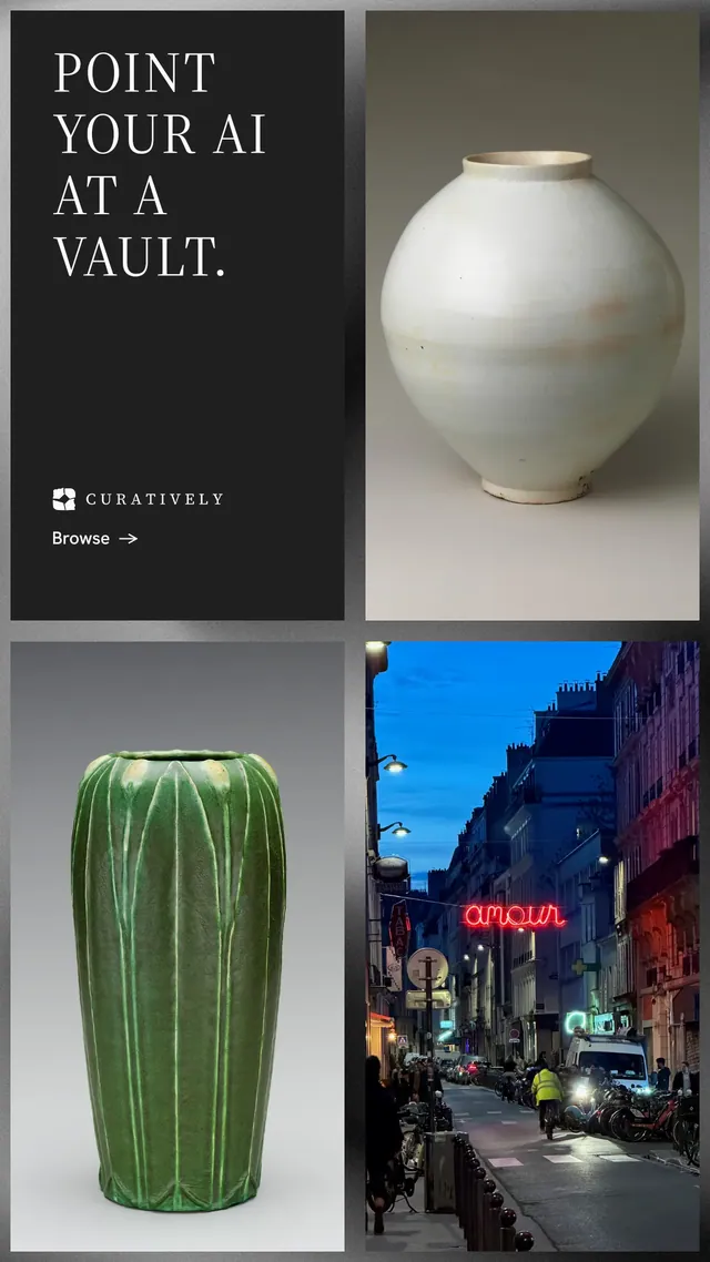 Instagram story for Curatively: "Point your AI at a vault." Minimal luxury style, collage layout, dark palette in black, grey, blue.