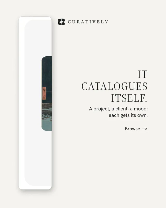 Instagram portrait post for Curatively: "It catalogues itself." Minimal luxury style, right layout, light palette in white, grey.