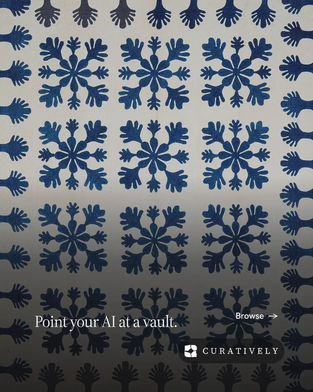 Instagram portrait post for Curatively: "Point your AI at a vault." Editorial style, image led layout, dark palette in grey, black.