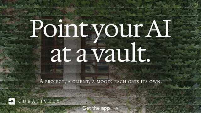 Landscape graphic for Curatively: "Point your AI at a vault." Minimal luxury style, smallcaps layout, dark palette in black, green, grey.
