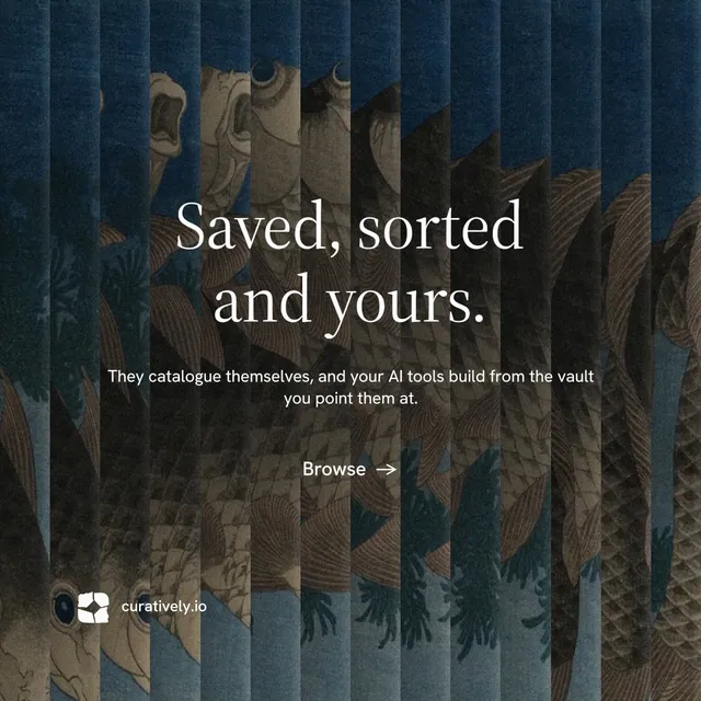 Instagram post for Curatively: "Saved, sorted and yours." Minimal luxury style, centred layout, dark palette in blue, black, grey.