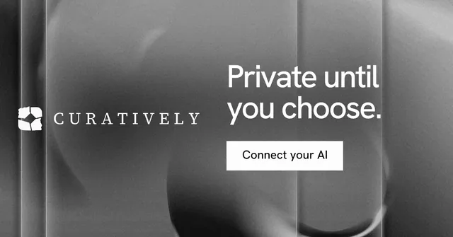 Social ad for Curatively: "Private until you choose." Swiss style, logo hero layout, dark palette in grey, black.