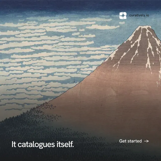 Instagram post for Curatively: "It catalogues itself." Swiss style, image led layout, light palette in grey, black.