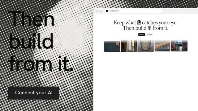 Landscape graphic for Curatively: "Then build from it." Swiss style, browser layout, light palette in white, grey.