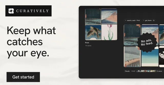 Social ad for Curatively: "Keep what catches your eye." Swiss style, sticker layout, light palette in white, black, grey.
