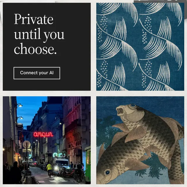 Instagram post for Curatively: "Private until you choose." Editorial style, collage layout, dark palette in grey, black, blue.