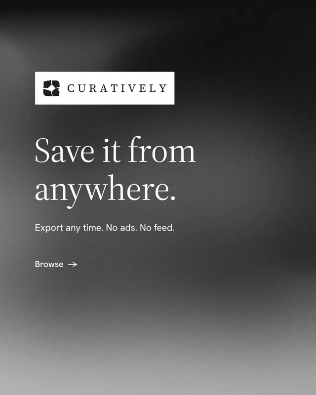 Instagram portrait post for Curatively: "Save it from anywhere." Minimal luxury style, announce layout, dark palette in grey, black.