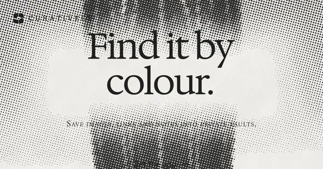 Social ad for Curatively: "Find it by colour." Swiss style, smallcaps layout, light palette in white, grey.