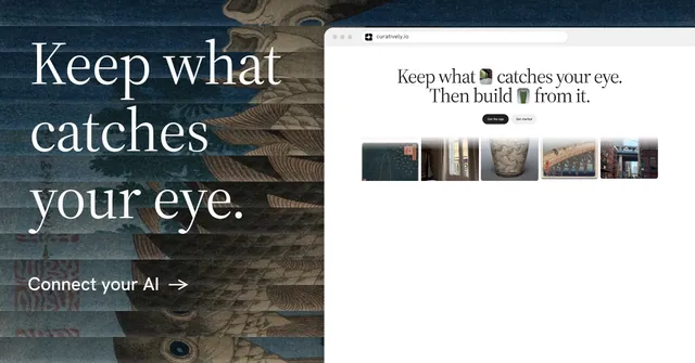 Social ad for Curatively: "Keep what catches your eye." Minimal luxury style, browser layout, light palette in white, blue, grey.