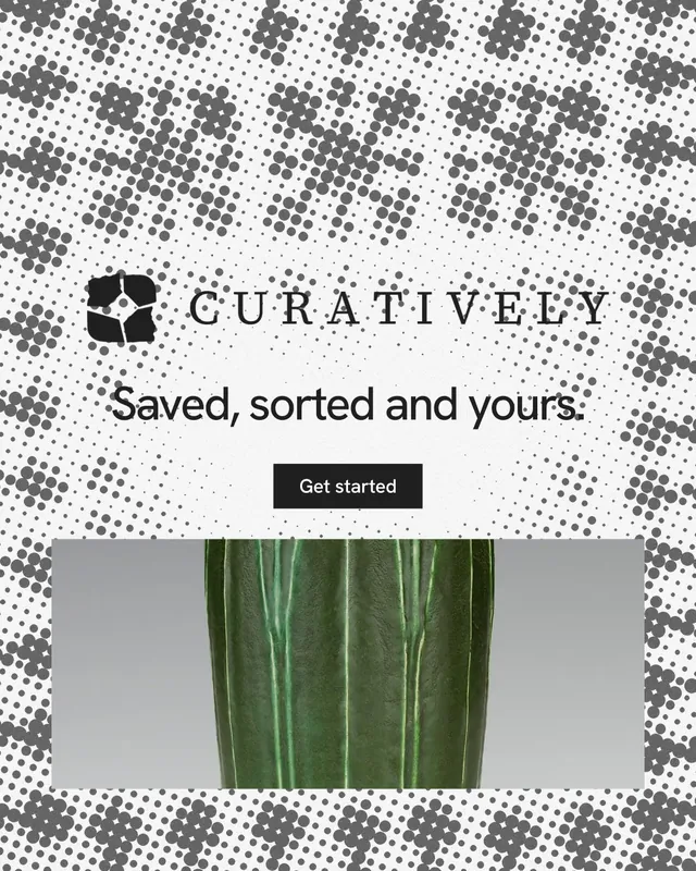 Instagram portrait post for Curatively: "Saved, sorted and yours." Swiss style, logo hero layout, light palette in grey, white.