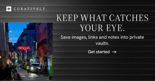 Social ad for Curatively: "Keep what catches your eye." Minimal luxury style, skeleton layout, dark palette in black, grey.