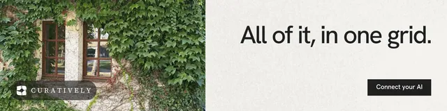 LinkedIn banner for Curatively: "All of it, in one grid." Swiss style, right layout, light palette in white, green, grey.