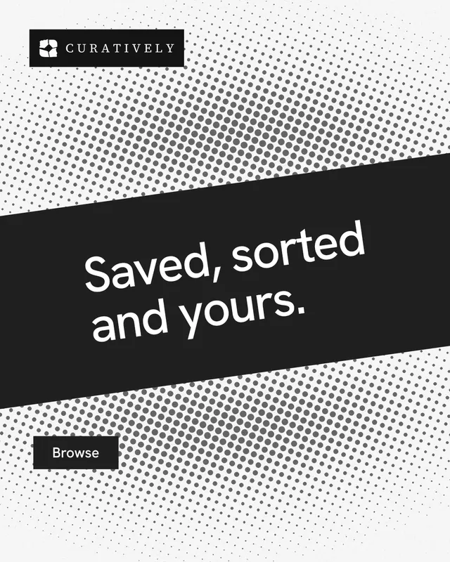 Instagram portrait post for Curatively: "Saved, sorted and yours." Swiss style, diagonal layout, light palette in white, black, grey.