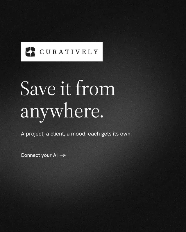 Instagram portrait post for Curatively: "Save it from anywhere." Minimal luxury style, announce layout, dark palette in black, grey.