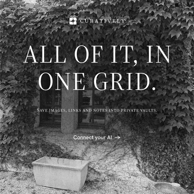 Instagram post for Curatively: "All of it, in one grid." Editorial style, smallcaps layout, dark palette in grey, black.