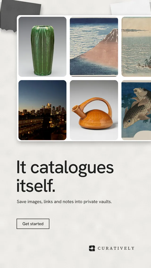 Instagram story for Curatively: "It catalogues itself." Editorial style, bottom layout, light palette in white, grey.
