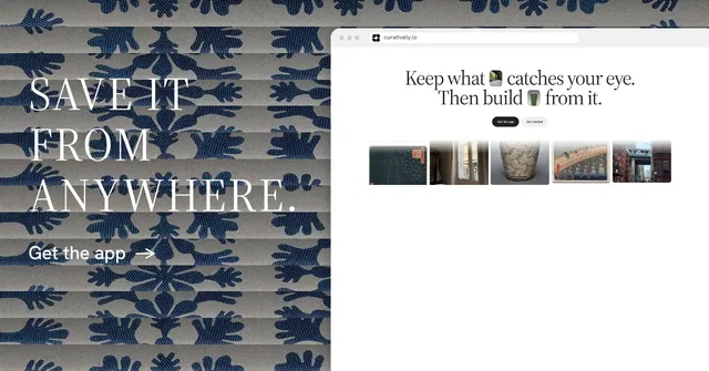 Social ad for Curatively: "Save it from anywhere." Minimal luxury style, browser layout, light palette in white, grey.