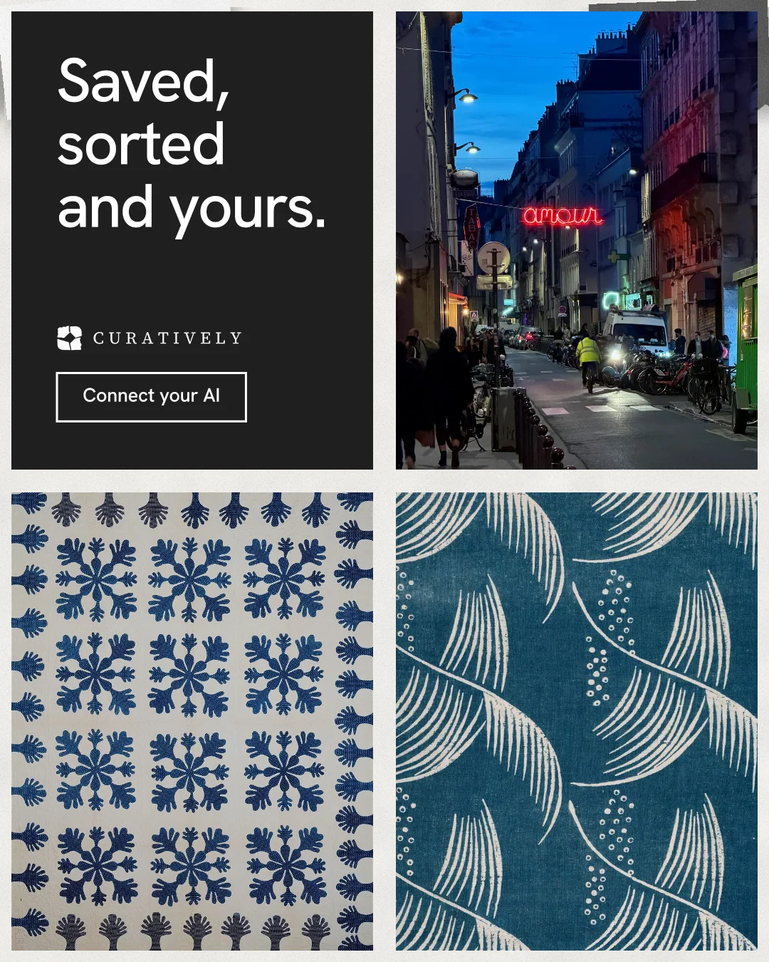 Instagram portrait post for Curatively: "Saved, sorted and yours." Editorial style, collage layout, dark palette in grey, black, blue.