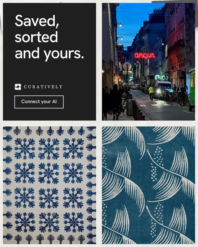 Instagram portrait post for Curatively: "Saved, sorted and yours." Editorial style, collage layout, dark palette in grey, black, blue.