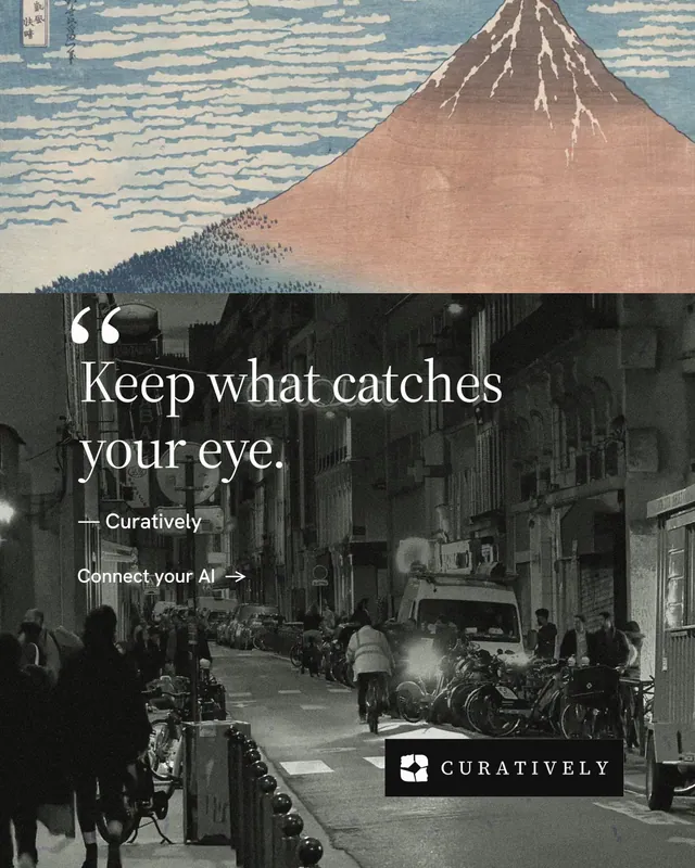 Instagram portrait post for Curatively: "Save it from anywhere." Minimal luxury style, quote layout, dark palette in black, grey, orange.